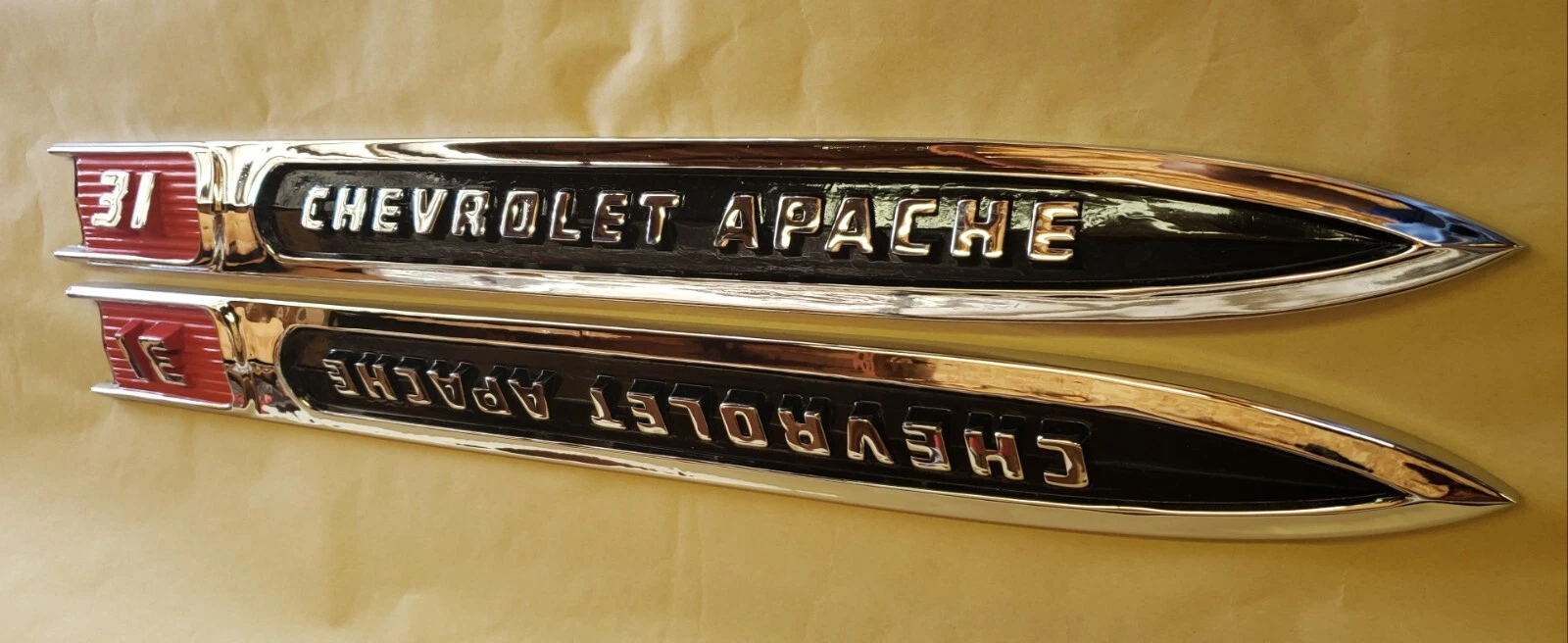 Original restored 1959 Chevrolet Apache 3100 fender emblem spears