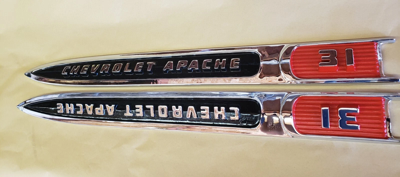 Original Chevrolet Apache fender spear lettering after professional restoration