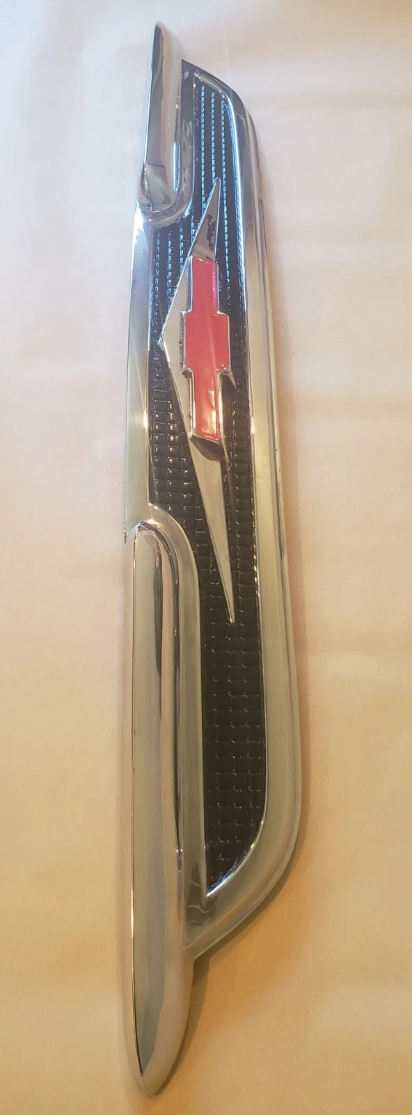 Original 1959 Chevrolet V8 Hood Emblem Chrome Side Profile