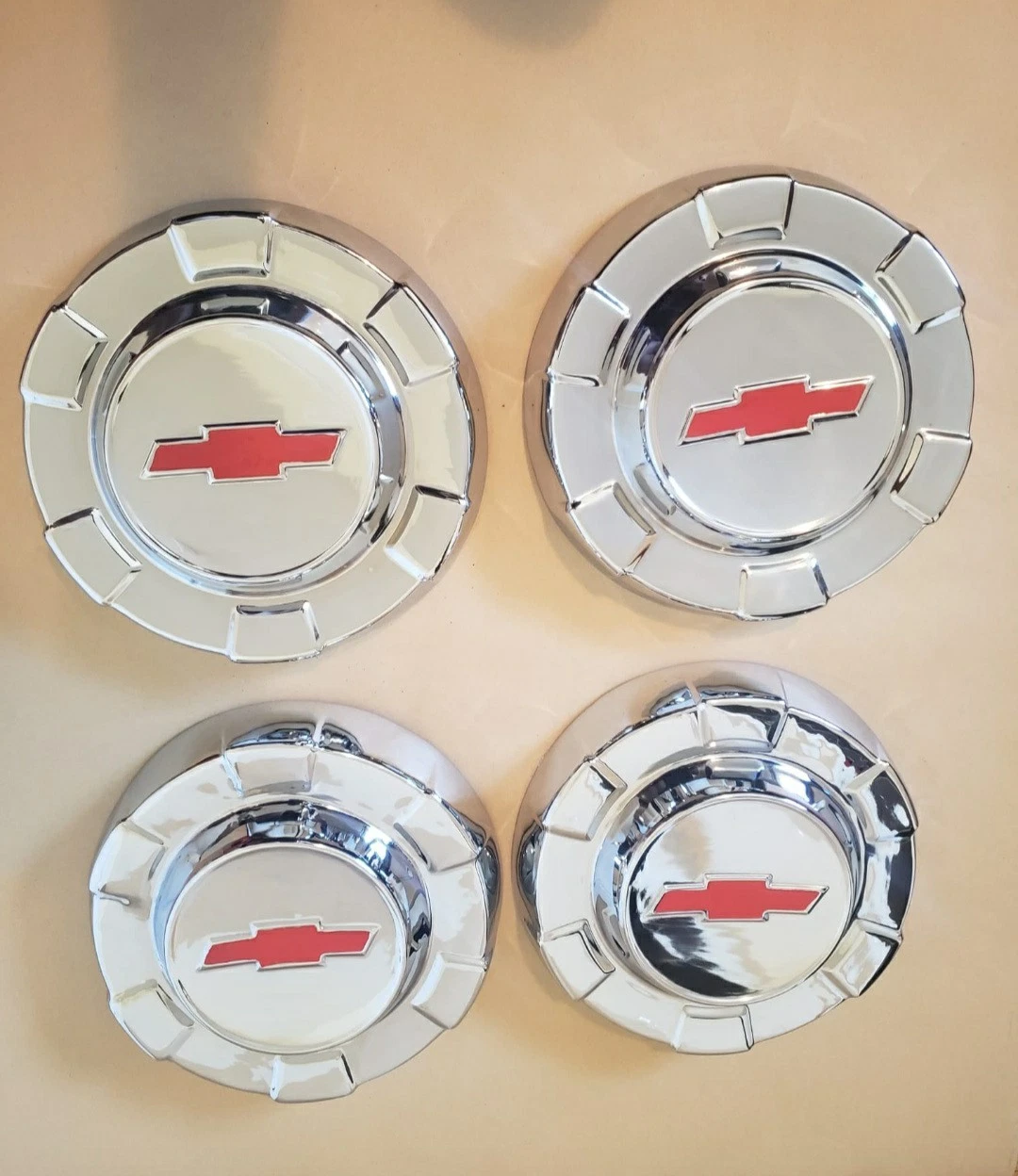 1961-1963 Chevrolet C10 original hubcaps restored chrome and bowtie detail