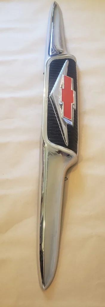 1958 Chevy Apache original V8 hood emblem restored and rechromed