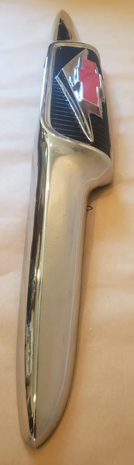 1958 Chevy V8 hood emblem original restored chrome edge detail