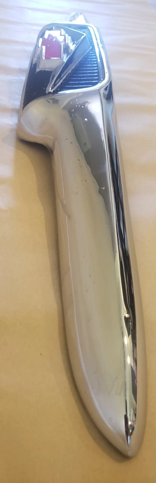 1958 Chevrolet Apache V8 hood emblem restored side profile